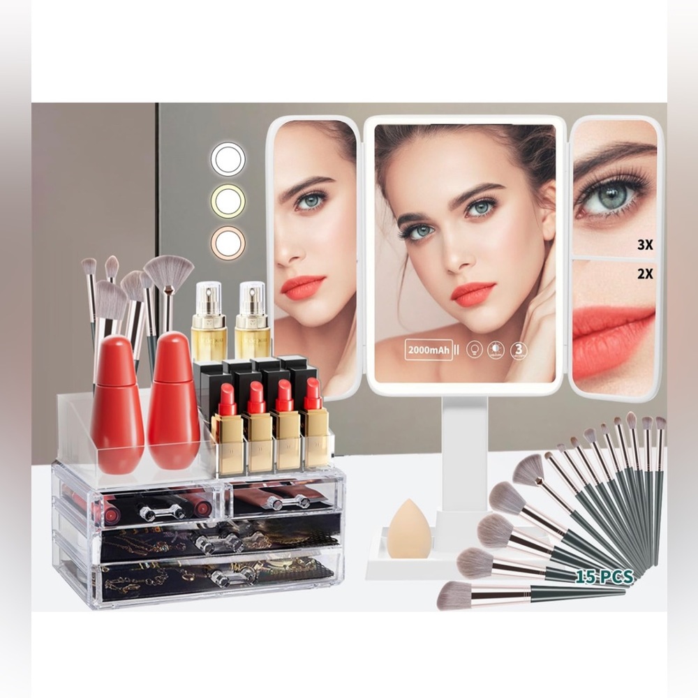 Makeup Mirror -52 LED Mirror + Cosmetic Organizer + Makeup Brushes Set